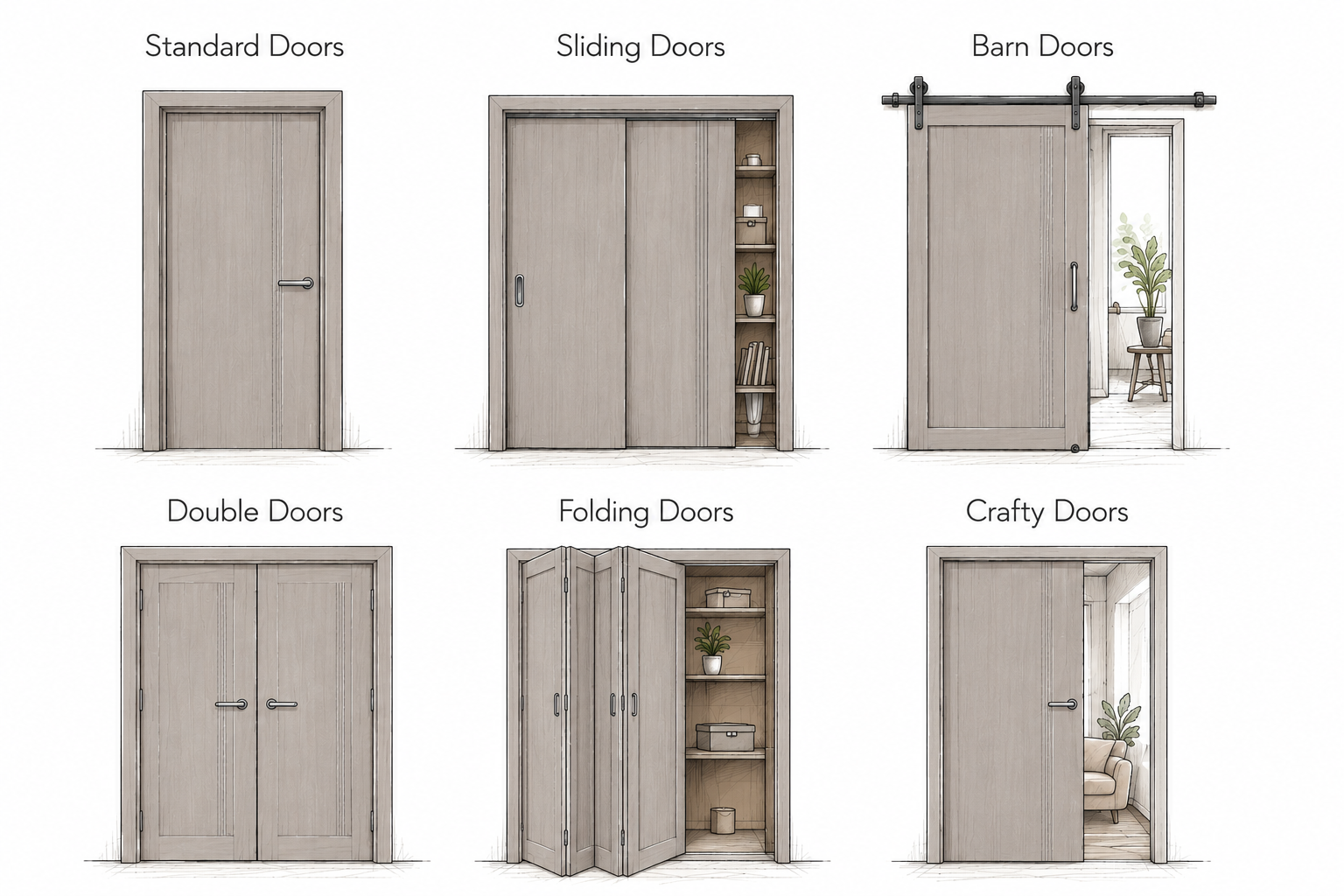 Hand-drawn diagram of standard, sliding, barn, double, folding and craft door types