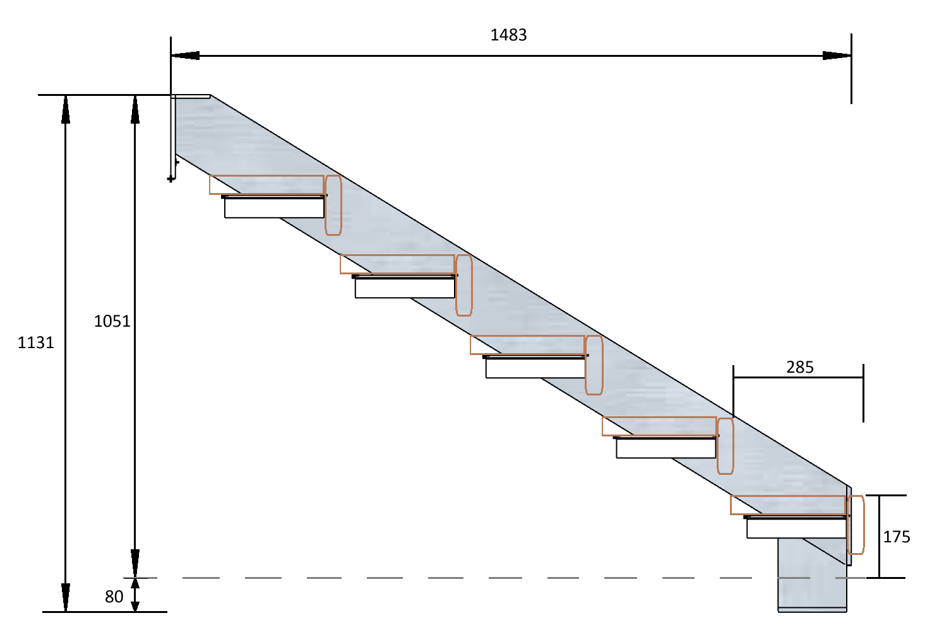 Typical ORI Stairs side elevation showing 285mm tread depth and 175mm rise